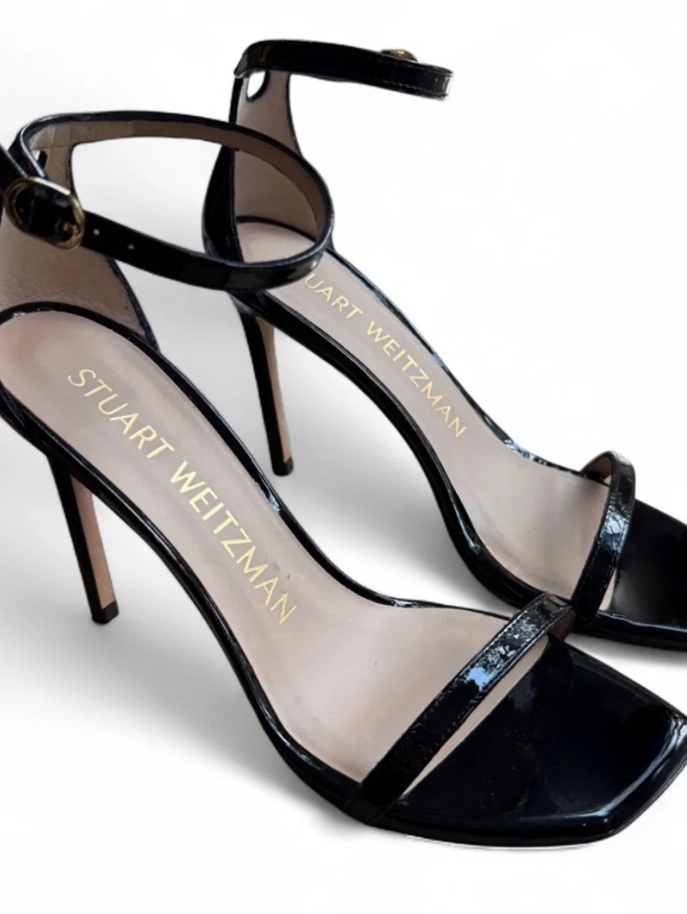 Stuart Weitzman Nudistcurve 100 Patent Leather Sandals 7B Black 4” Stiletto Heel